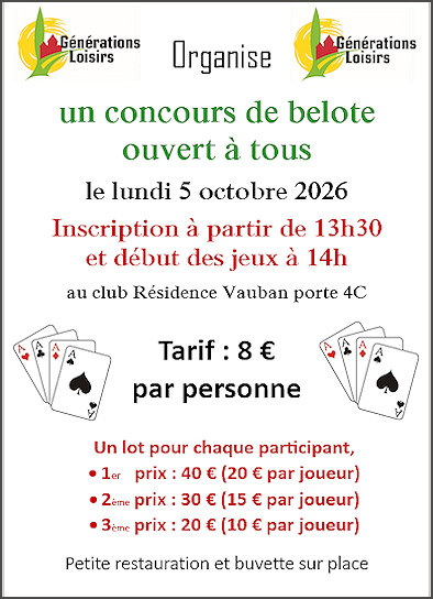 Concours de belote organisé par le club Générations Loisirs de Stenay le lundi 5 octobre